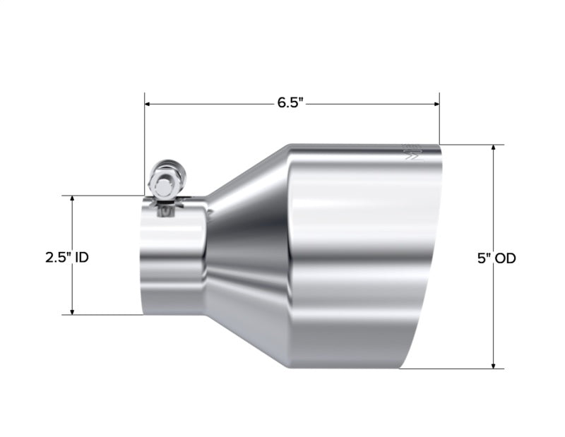 
                      
                        MBRP Universal T304 Stainless Steel Tip 2.5in ID / 5in OD Out / 6.5in Length Angle Cut Single Wall
                      
                    