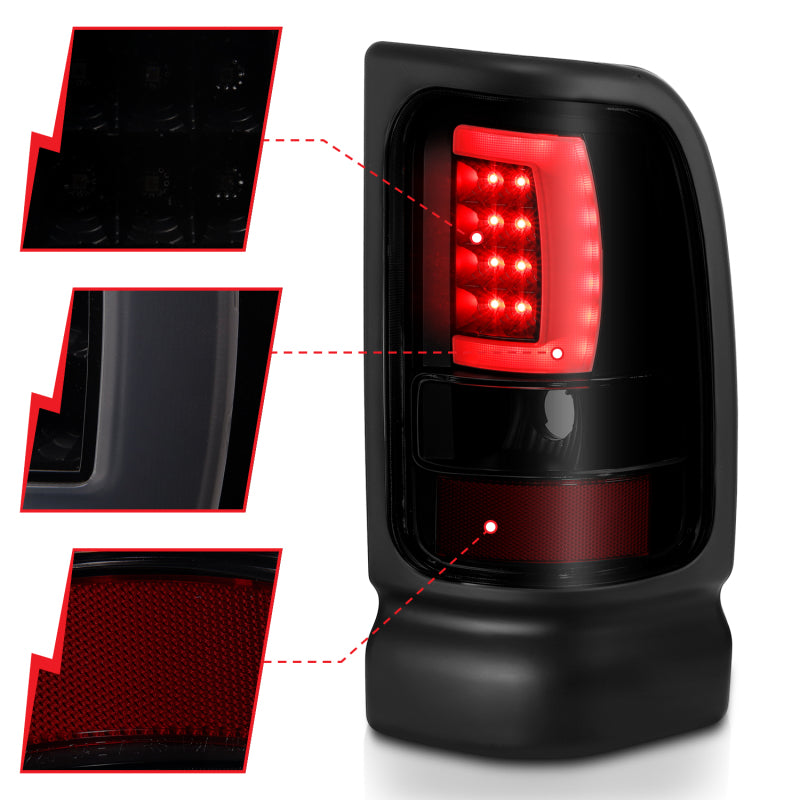 
                      
                        ANZO 1994-2001 Dodge Ram 1500 LED Taillights Plank Style Black w/Smoke Lens
                      
                    