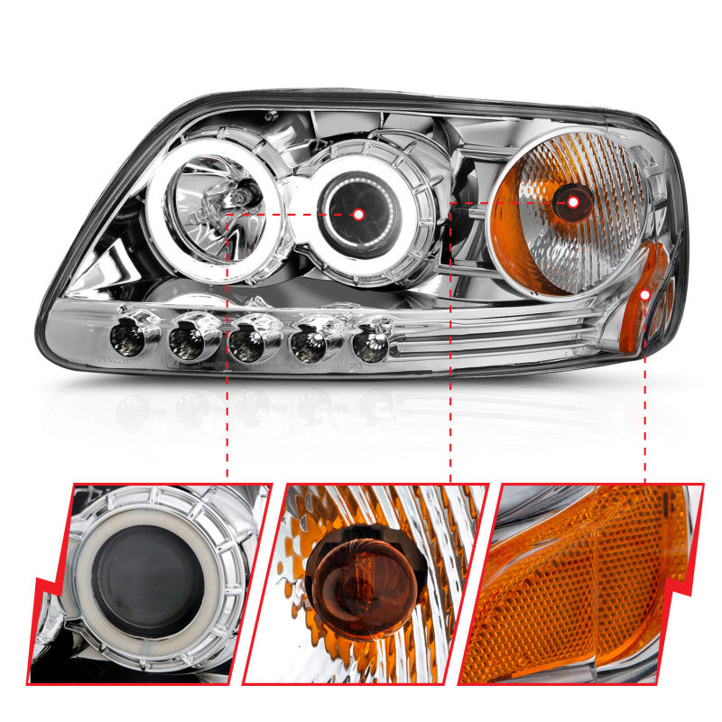 
                      
                        ANZO 1997.5-2003 Ford F-150 Projector Headlights w/ Halo Chrome 1pc
                      
                    