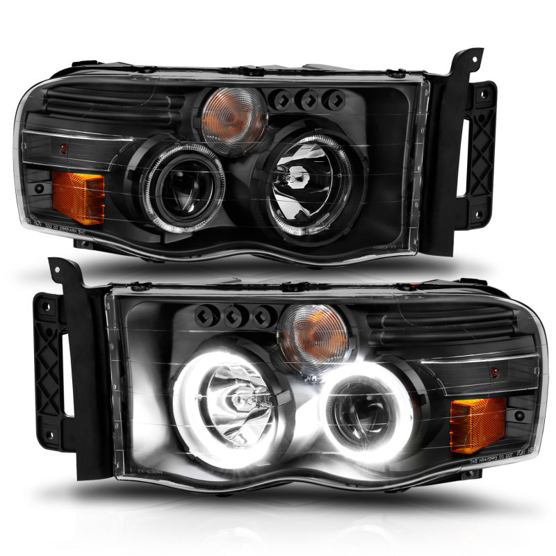 
                      
                        ANZO 2002-2005 Dodge Ram 1500 Projector Headlights w/ Halo Black Clear Amber
                      
                    