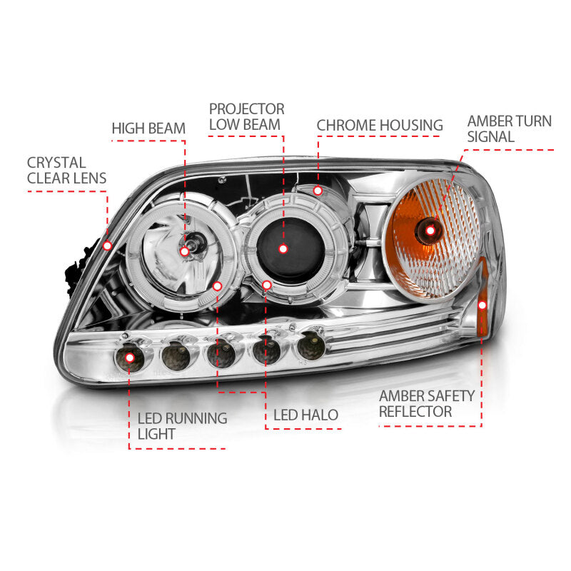 
                      
                        ANZO 1997.5-2003 Ford F-150 Projector Headlights w/ Halo and LED Chrome 1pc
                      
                    