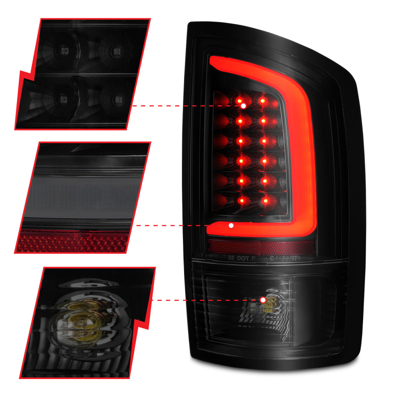 
                      
                        ANZO 2002-2006 Dodge  Ram 1500 LED Tail Lights w/ Light Bar Black Housing Smoke Lens
                      
                    