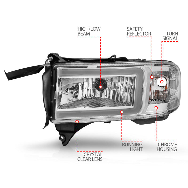 
                      
                        ANZO 94-02 Dodge RAM Crystal Headlight - w/ Light Bar Chrome Housing
                      
                    