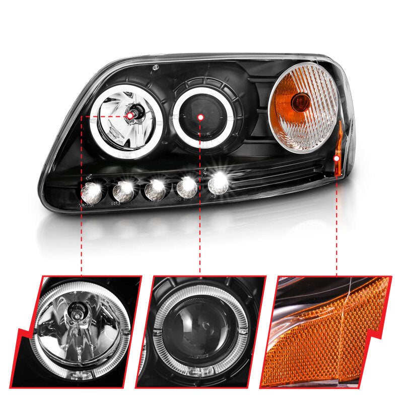 
                      
                        ANZO 1997.5-2003 Ford F-150 Projector Headlights w/ Halo and LED Black 1pc
                      
                    