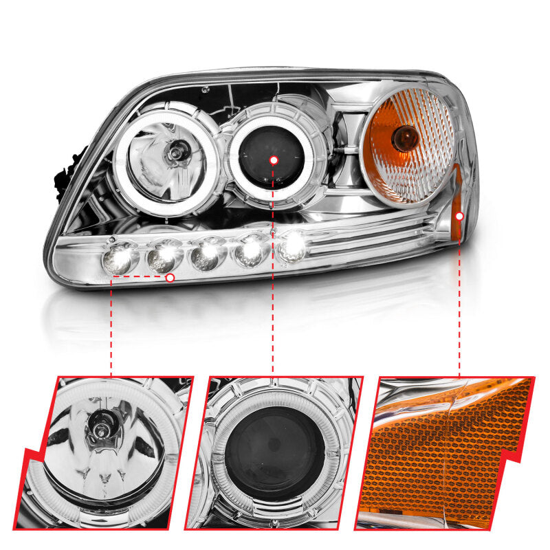 
                      
                        ANZO 1997.5-2003 Ford F-150 Projector Headlights w/ Halo and LED Chrome 1pc
                      
                    