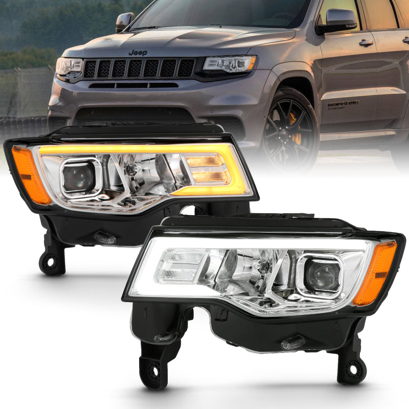 ANZO 2017-2018 Jeep Grand Cherokee Projector Headlights w/ Plank Style Switchback - Chrome w/ Amber