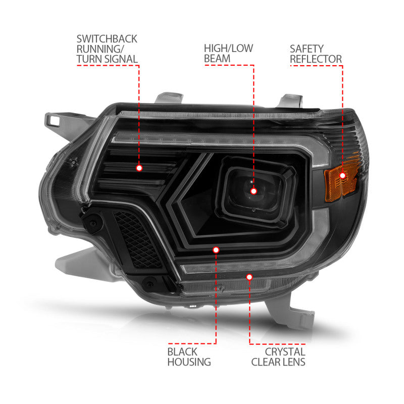 
                      
                        ANZO 12-15 Toyota Tacoma Projector Headlights - w/ Light Bar Switchback Black Housing
                      
                    