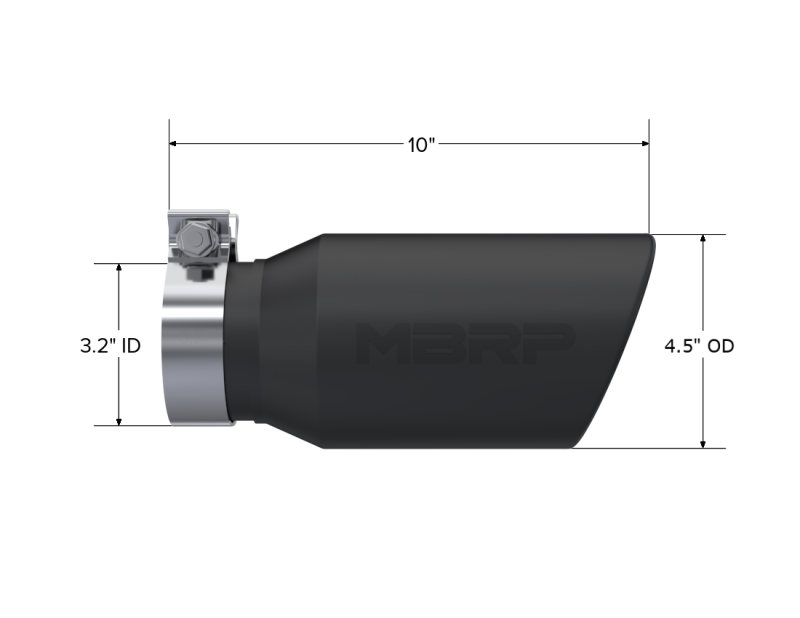 
                      
                        MBRP Universal Tip 4.5in OD / 3.2in Inlet / 10in Length / Angled Cut Rolled End - Black
                      
                    