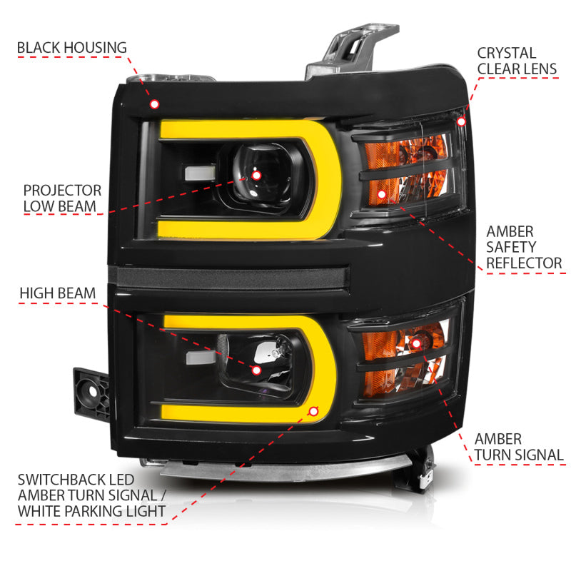 
                      
                        ANZO 14-15 Chevrolet Silverado 1500 Projector Headlights w/ Plank Style Switchback Black w/ Amber
                      
                    