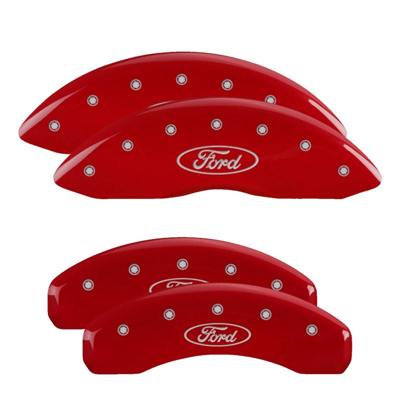 MGP 4 Caliper Covers Engraved Front & Rear Ford Oval Logo Red Finish Silver Char 2021 Ford F-150