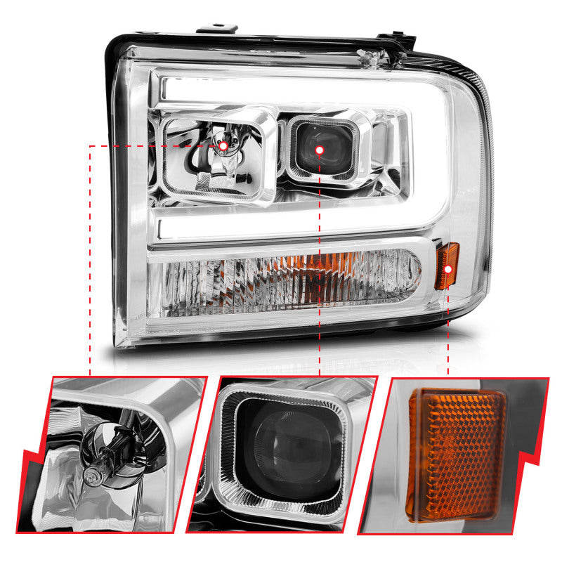 
                      
                        ANZO 99-04 Ford F250/F350/F450/Excursion (excl 99) Projector Headlights - w/Light Bar Chrome Housing
                      
                    