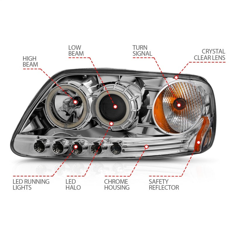 
                      
                        ANZO 1997.5-2003 Ford F-150 Projector Headlights w/ Halo Chrome 1pc
                      
                    