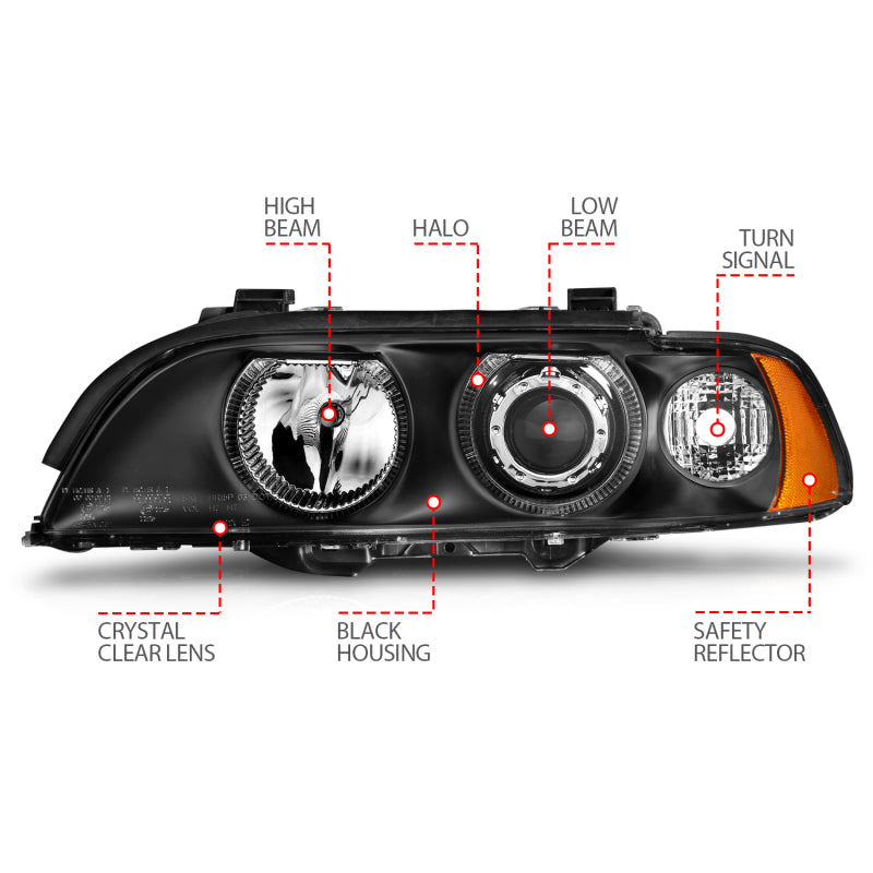 
                      
                        ANZO 1997-2001 BMW 5 Series Projector Headlights w/ Halo Black
                      
                    