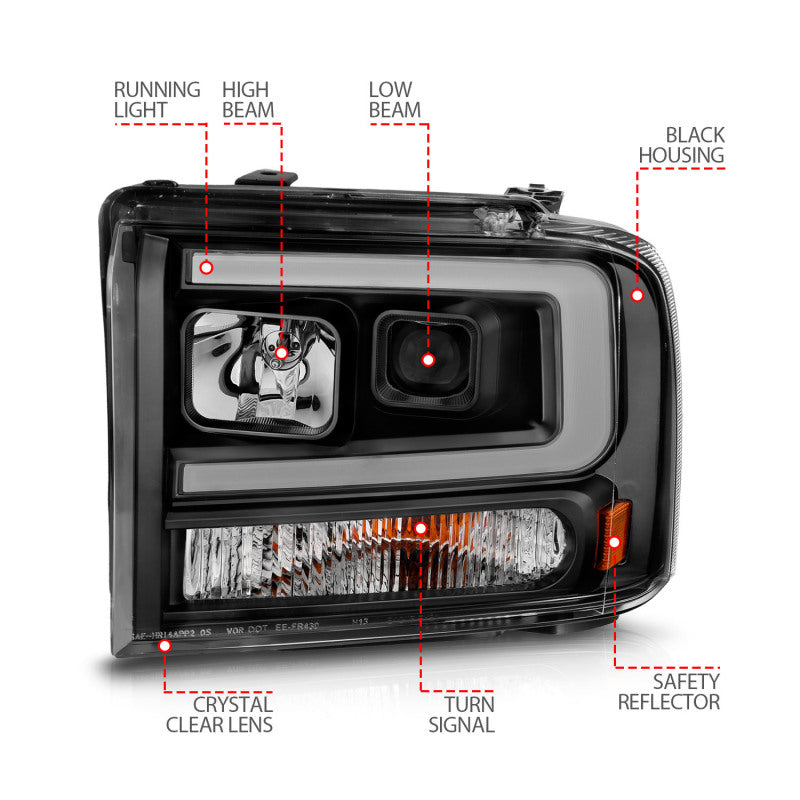 
                      
                        ANZO 99-04 Ford F250/F350/F450/Excursion (excl 99) Projector Headlights - w/ Light Bar Black Housing
                      
                    