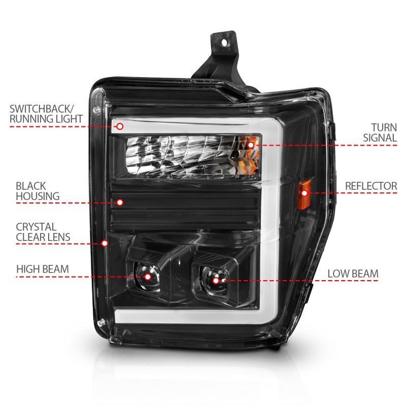 
                      
                        ANZO 08-10 Ford F-250 - F-550 Super Duty Projector Headlights w/ Light Bar Switchback Black Housing
                      
                    