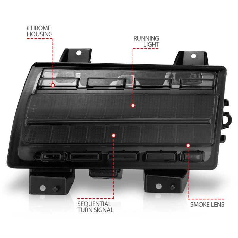 
                      
                        ANZO 2018-2021 Jeep Wrangler LED Side Markers Chrome Housing Smoke Lens w/ Seq. Signal Low Config
                      
                    