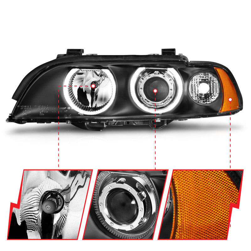 
                      
                        ANZO 1997-2001 BMW 5 Series Projector Headlights w/ Halo Black
                      
                    