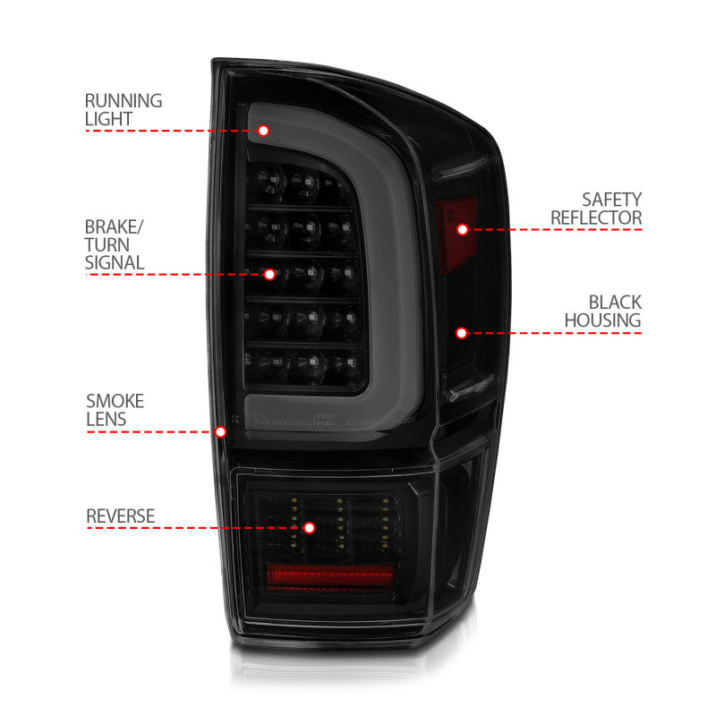 
                      
                        ANZO 16-21 Toyota Tacoma LED Tail Lights - w/ Light Bar Sequential Black Housing & Smoke Lens
                      
                    