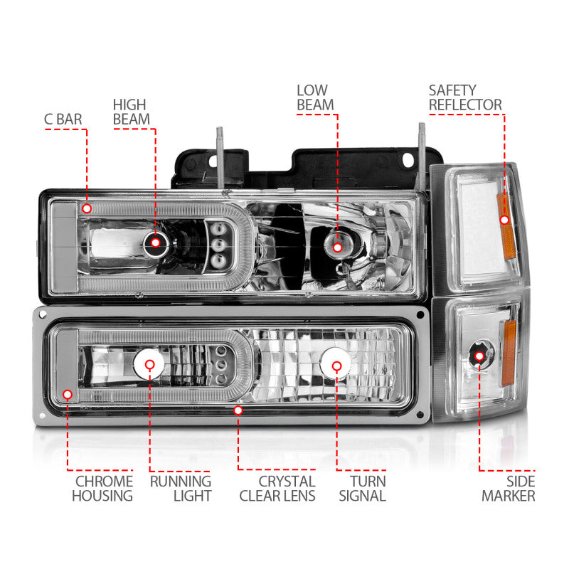 
                      
                        ANZO 88-98 Chevrolet C1500 Crystal Headlights w/Light Bar Chrome Housing w/ Signal Side Markers 8Pcs
                      
                    