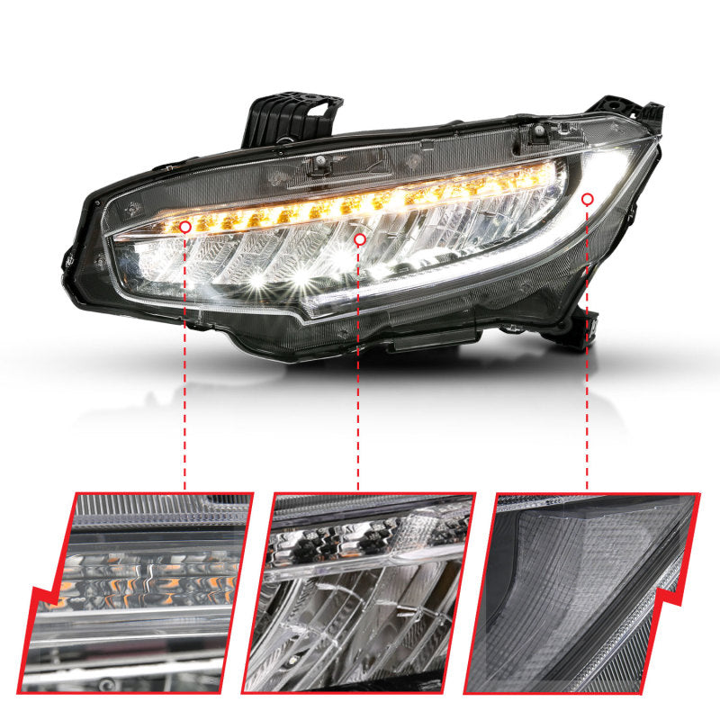 
                      
                        ANZO 16-17 Honda Civic Projector Headlights Plank Style Black w/Amber/Sequential Turn Signal
                      
                    