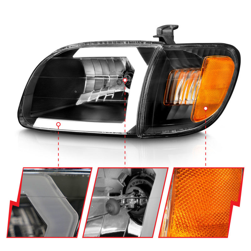 
                      
                        ANZO 00-04 Toyota Tundra (Fits Reg/Acc Cab Only) Crystal Headlights w/Light Bar Black w/Corner Light
                      
                    