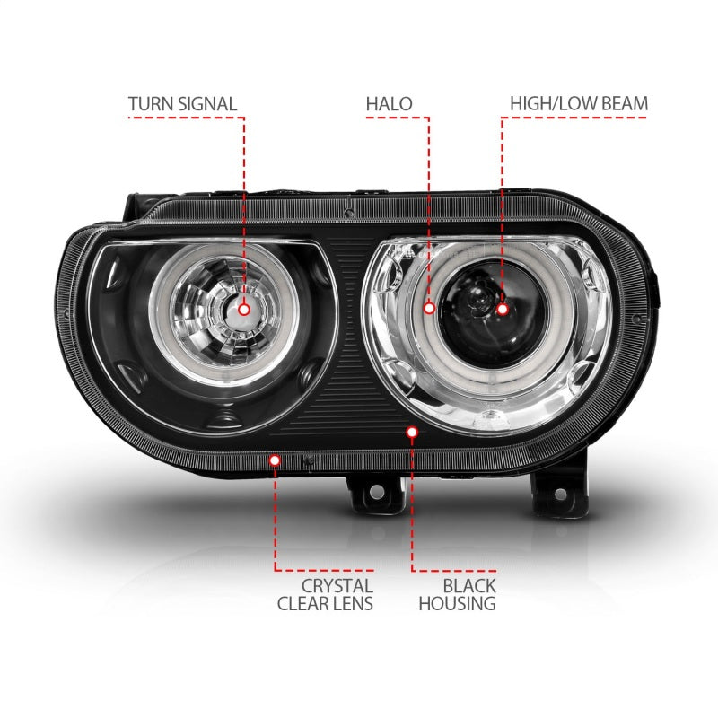 
                      
                        ANZO 2008-2014 Dodge Challenger Projector Headlights w/ Halo Black (CCFL)
                      
                    