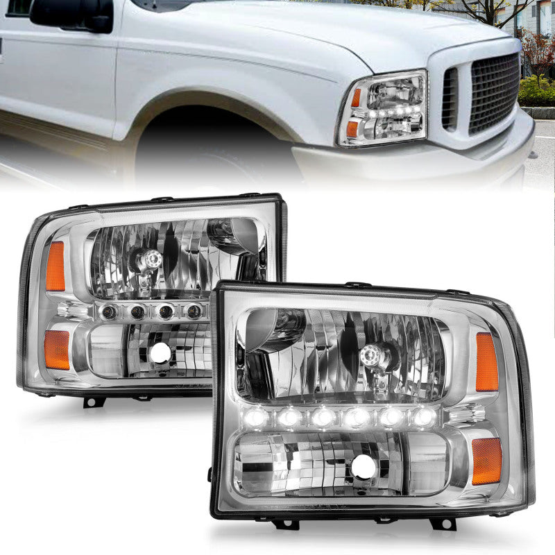 ANZO 2000-2004 Ford Excursion Crystal Headlights Chrome w/ LED 1pc