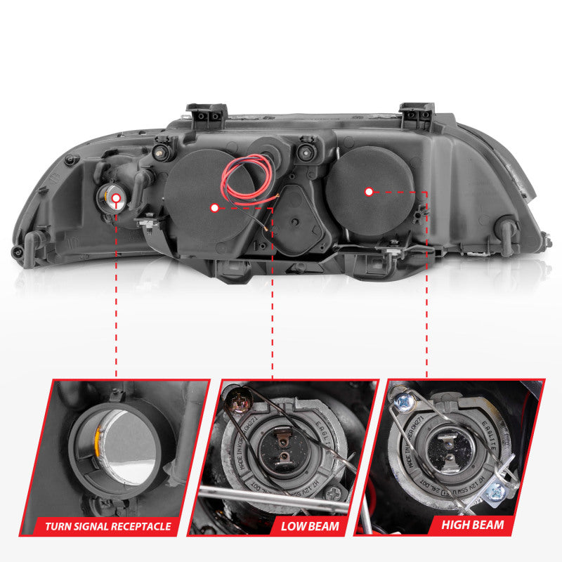 
                      
                        ANZO 1997-2001 BMW 5 Series Projector Headlights w/ Halo Black
                      
                    