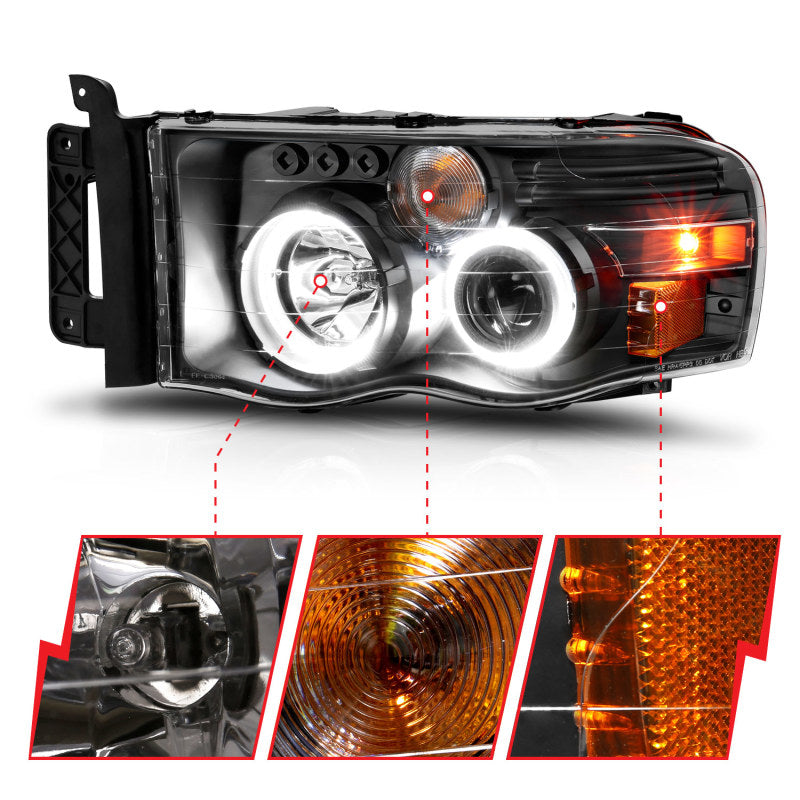 
                      
                        ANZO 2002-2005 Dodge Ram 1500 Projector Headlights w/ Halo Black Clear Amber
                      
                    