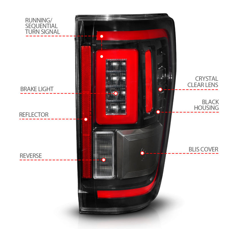 
                      
                        ANZO 21-23 Ford F-150 LED Taillights Seq. Signal w/BLIS Cover - Black (For Factory Halogen ONLY)
                      
                    