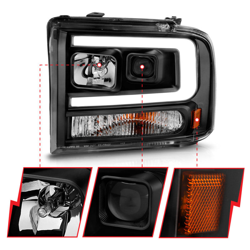 
                      
                        ANZO 99-04 Ford F250/F350/F450/Excursion (excl 99) Projector Headlights - w/ Light Bar Black Housing
                      
                    