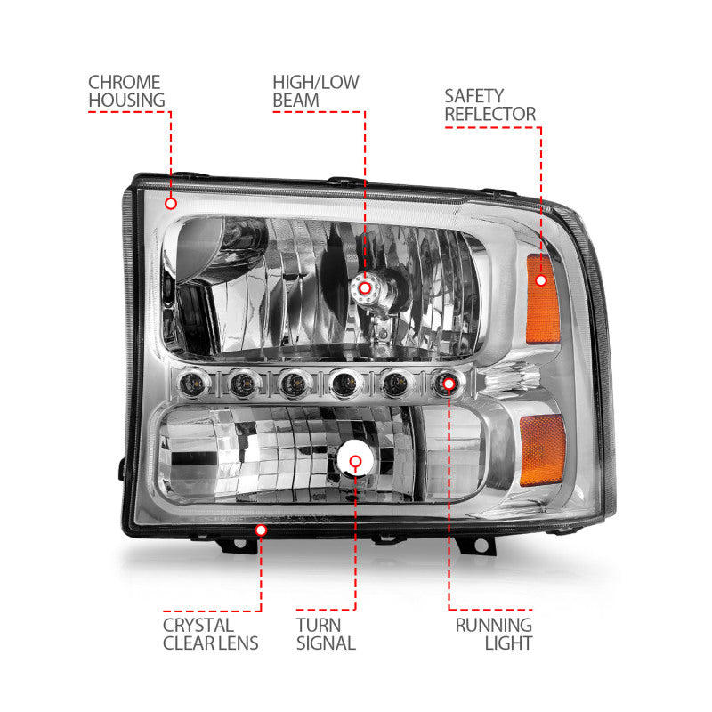 
                      
                        ANZO 2000-2004 Ford Excursion Crystal Headlights Chrome w/ LED 1pc
                      
                    