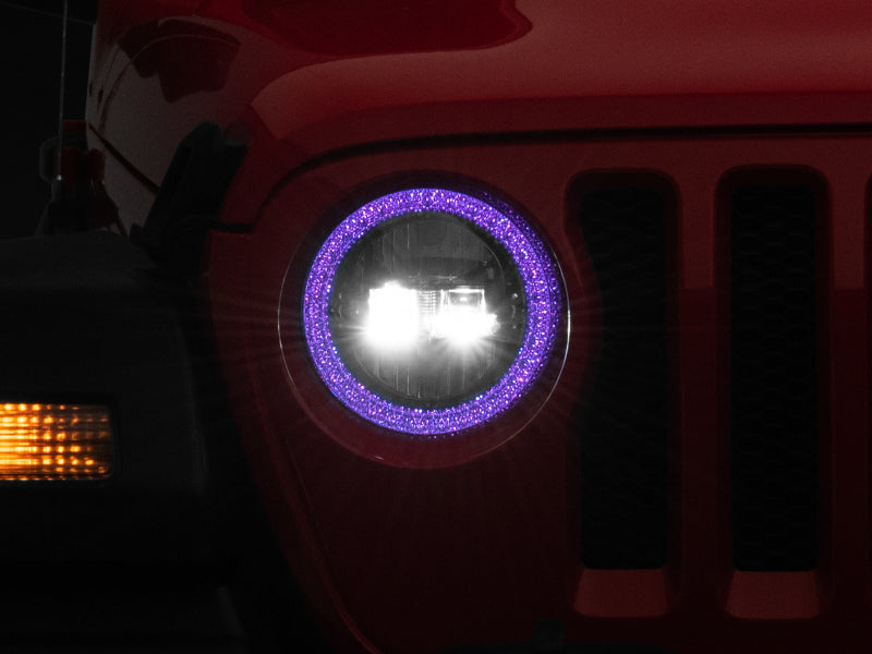 Raxiom 18-22 Jeep Wrangler JL/JT Axial 9-Inch LED Headlights w/RGB Halo- Blk Housing (Clear Lens)