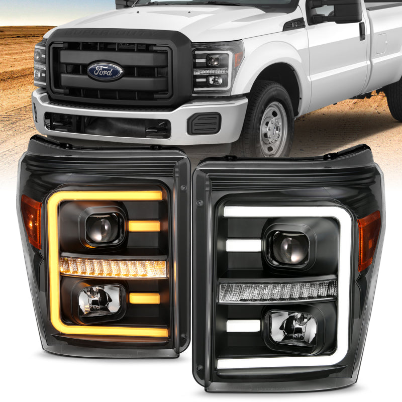 
                      
                        ANZO 2011-2016 Ford F250 Projector Headlights w/ Plank Style Switchback Black w/ Amber
                      
                    