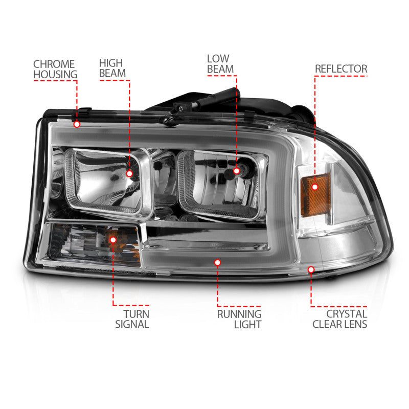 
                      
                        ANZO 97-04 Dodge Dakota/Durango Crystal headlight Set w/ Light Bar Chrome Housing
                      
                    