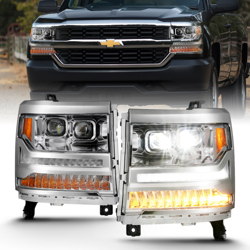 
                      
                        ANZO 16-18 Chevrolet Silverado 1500 LED Projector Headlights w/Plank Style Switchback Chrome w/Amber
                      
                    